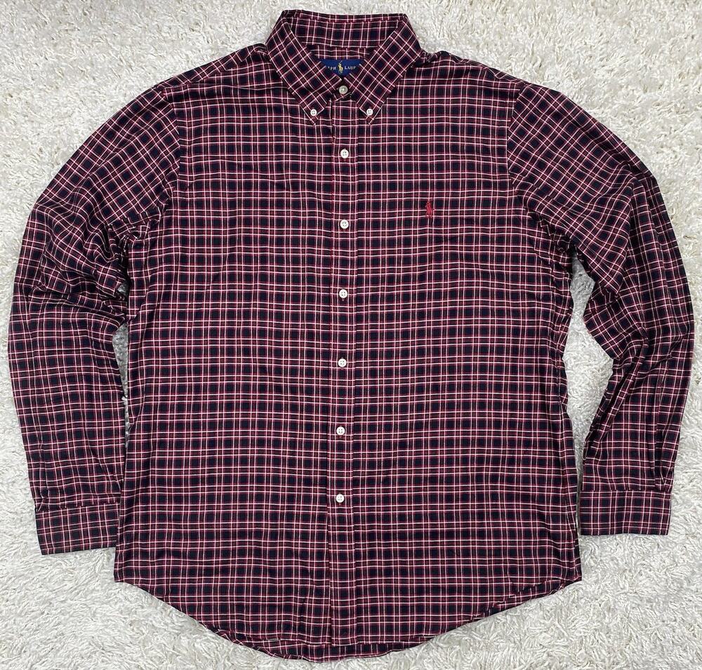 Ralph Lauren Men's Large Tartan Plaid Shirt Red Black Long Sleeve Button Down